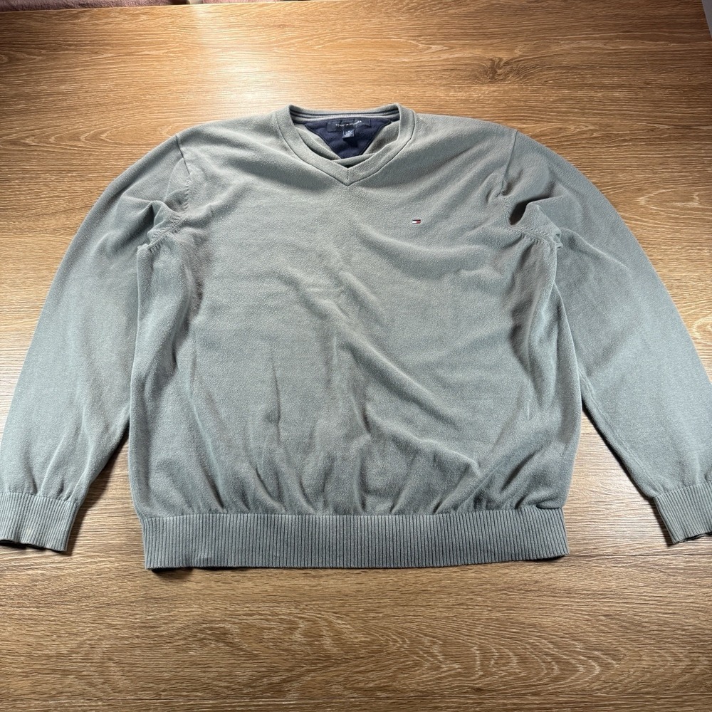 Tommy Hilfiger Men's XL V Neck Sweater 100% Cotton Pullover Green Long Sleeve
